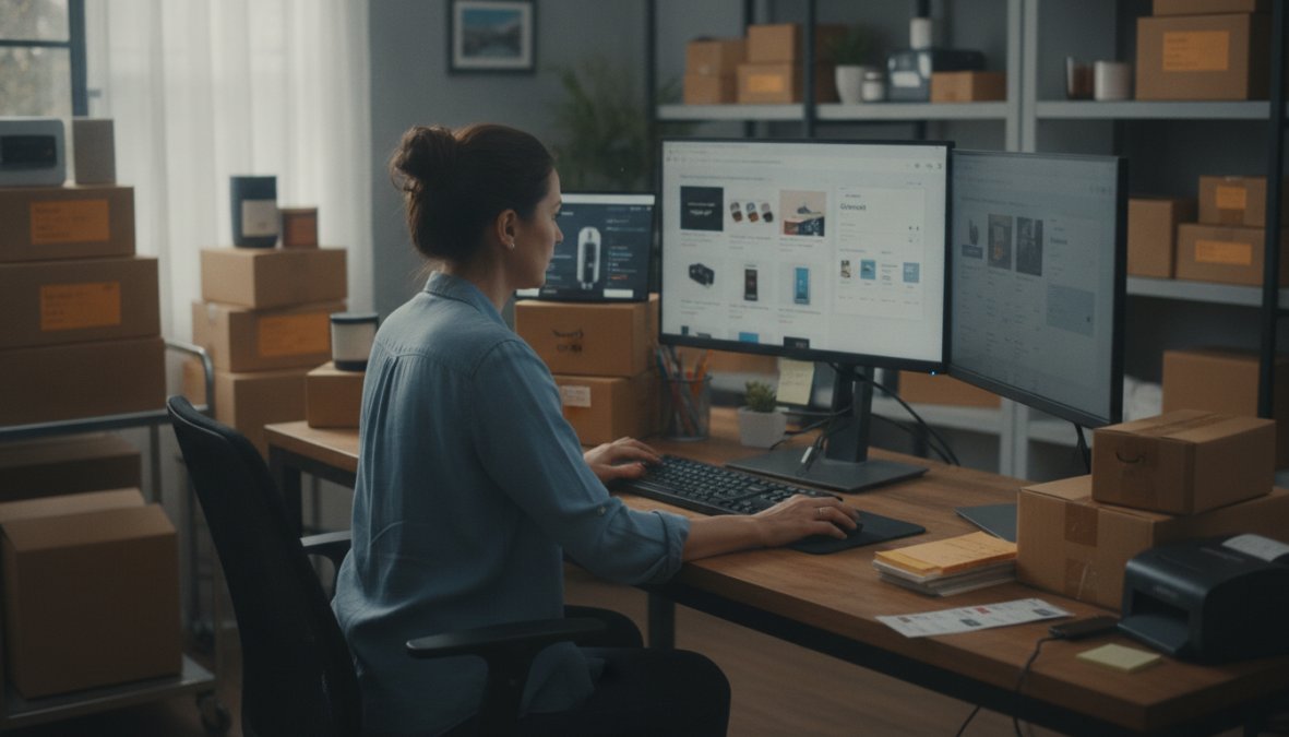 Small business owner sitting at a desk with multiple screens showing different online storefronts and inventory dashboards, surrounded by neatly packaged products ready to ship, warm natural light from a window
