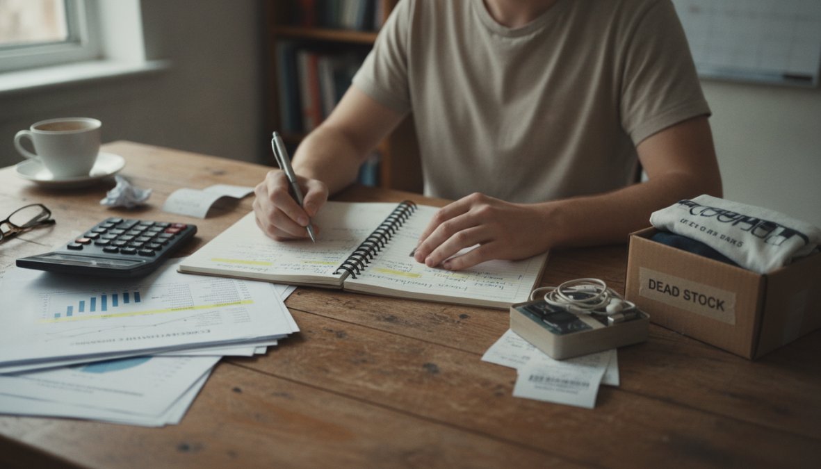 Close-up of hands reviewing financial spreadsheets and inventory reports on a laptop, with a notepad and calculator on a tidy professional desk, warm office lighting