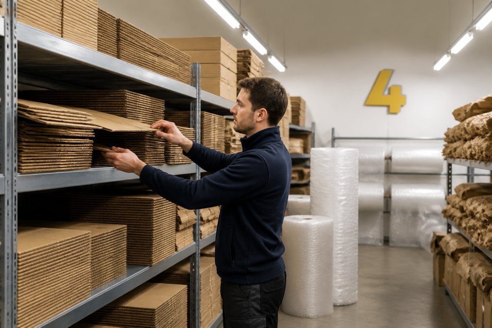 Warehouse worker selecting corrugated cardboard packaging materials from organized steel shelving units