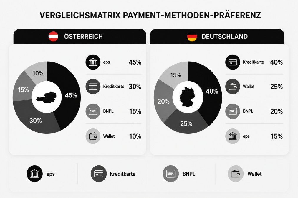 Vergleichsmatrix Payment-Methoden-Präferenz: Österreich (eps 45%, Kreditkarte 30%, BNPL 15%, Wallet 10%), Deutschland (Kreditkarte 40%, Wallet 25%, BNPL 20%, eps 15%)