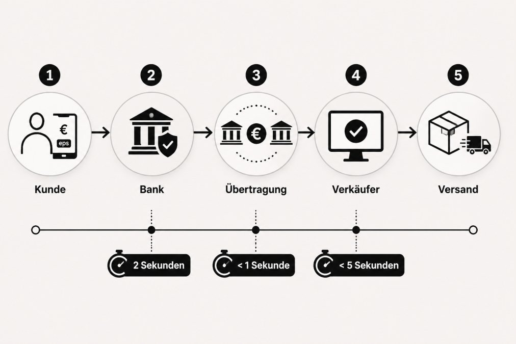 Flussdiagramm Echtzeit-Zahlungsverarbeitung: Kunde initiiert Zahlung → Bank authentifiziert (2 Sekunden) → Betrag wird übertragen (< 1 Sekunde) → Verkäufer erhält Bestätigung (< 5 Sekunden) → Ware wird versendet