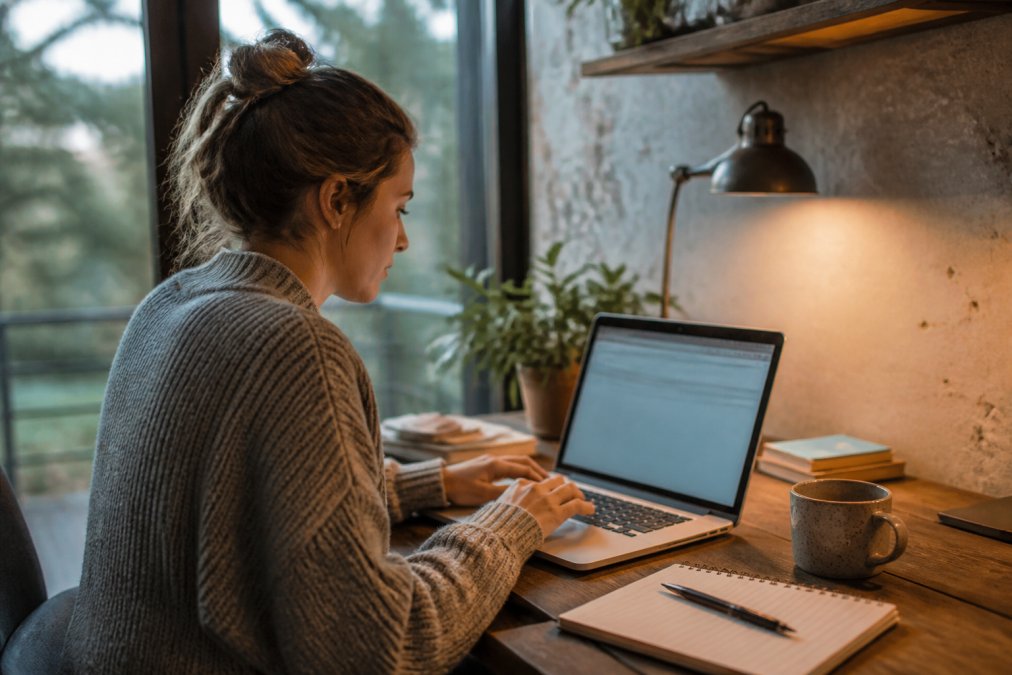 Entrepreneur using e-commerce tools to build a website on a laptop in a bright home office workspace