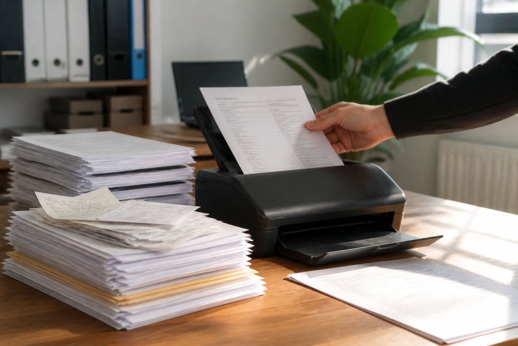 Sortierte Papierstapel mit Rechnungen, Quittungen und Dokumenten auf einem Schreibtisch, mit einer Hand die ein Dokument in einen Scanner führt