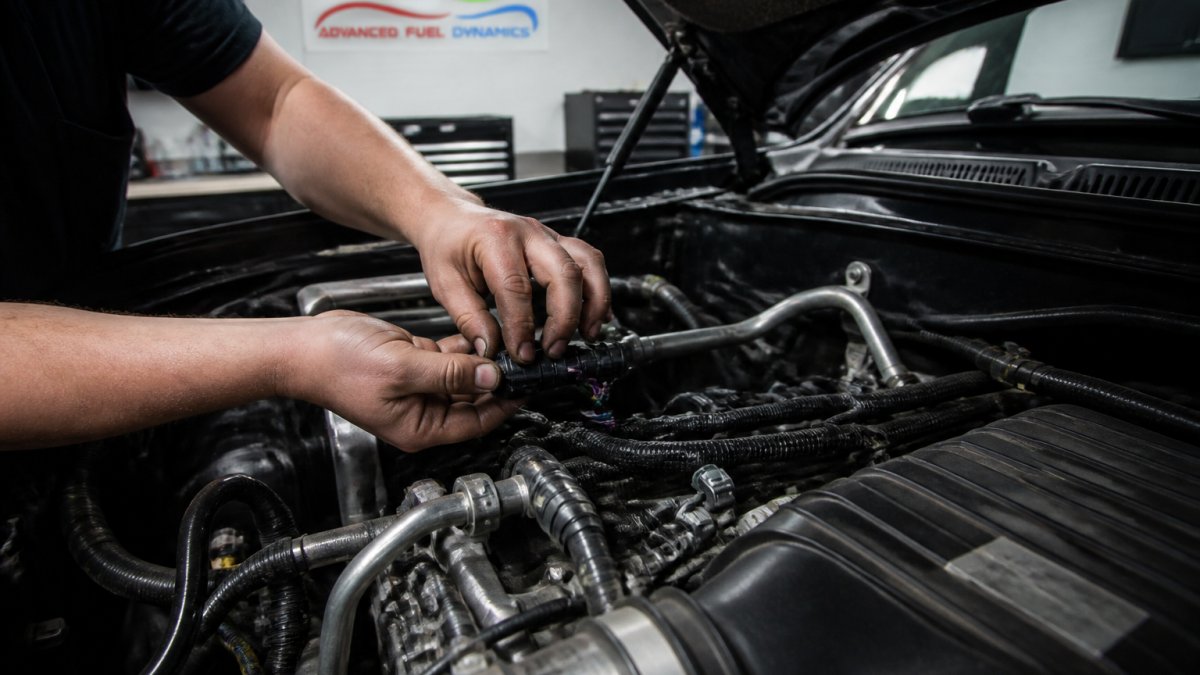 Mechanic's hands installing fuel system components and sensor connections under the hood of a Silverado truck in a well-lit garage workshop