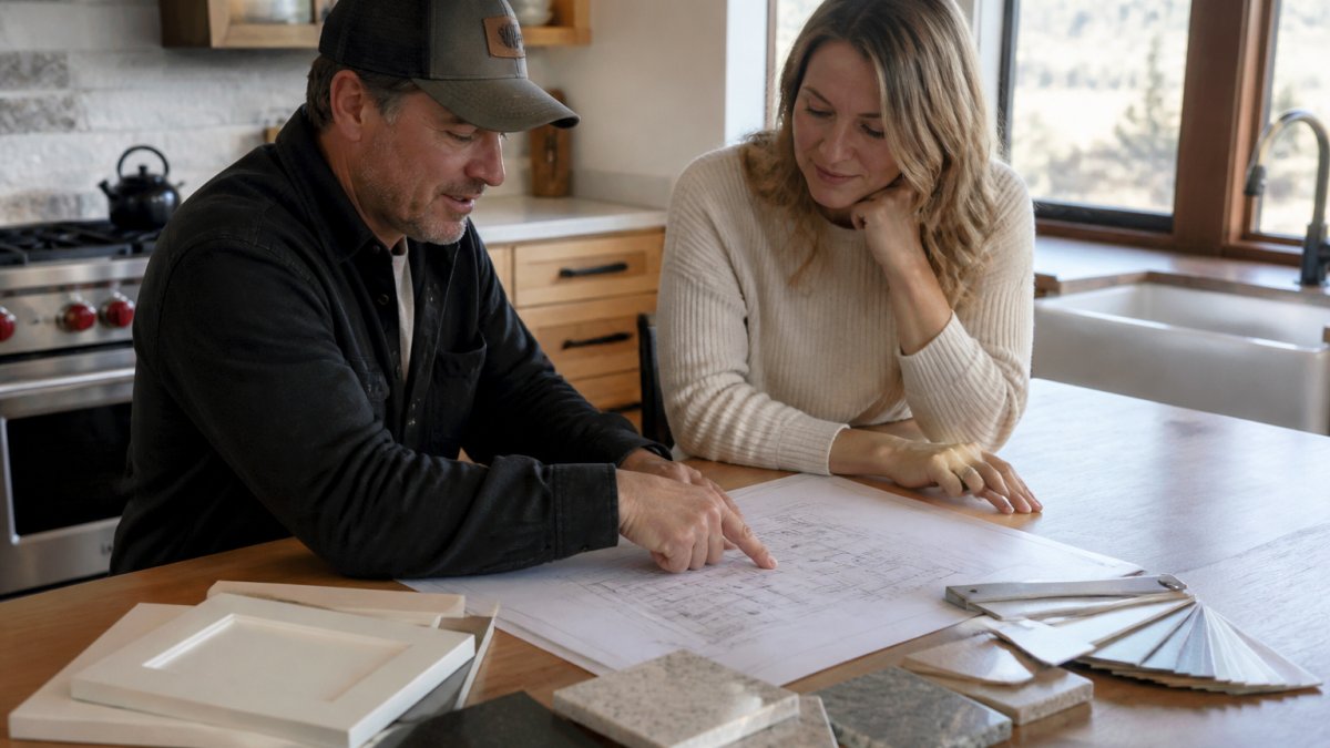 Homeowner and contractor reviewing renovation blueprints and material samples together at a kitchen table, discussing project scope and timeline with natural lighting from nearby windows
