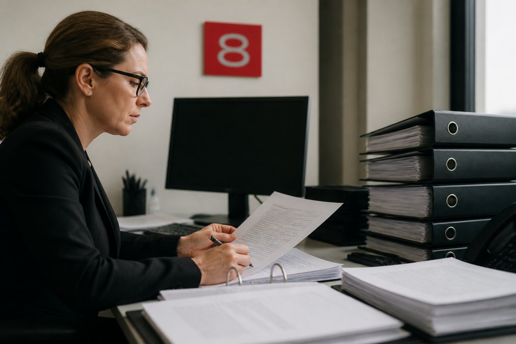 Compliance officer reviewing export documentation and records at a desk with multiple files and a computer screen showing regulatory checklists