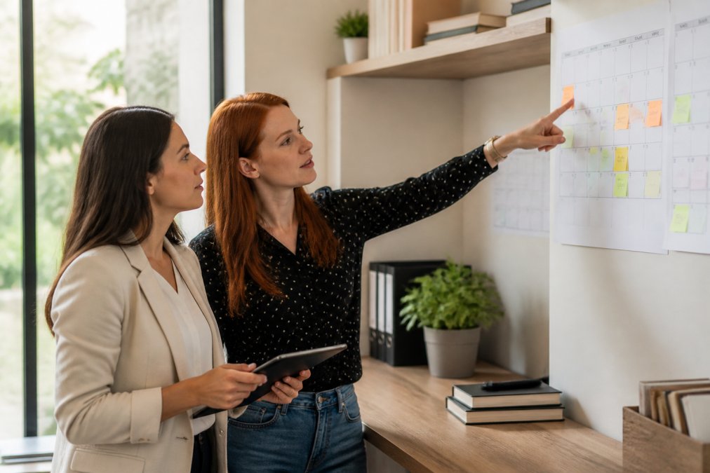 An L&D manager reviewing a training schedule on a tablet while a colleague points at a calendar on the office wall, natural office lighting