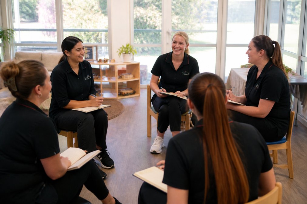 Early learning educators gathered in a team meeting, sitting in a circle with notebooks, engaged in conversation and listening to one another, natural light from windows