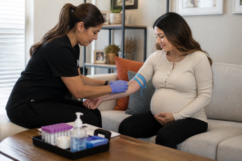 A licensed phlebotomist in professional attire gently drawing blood from a pregnant woman's arm in a bright, comfortable home living room setting