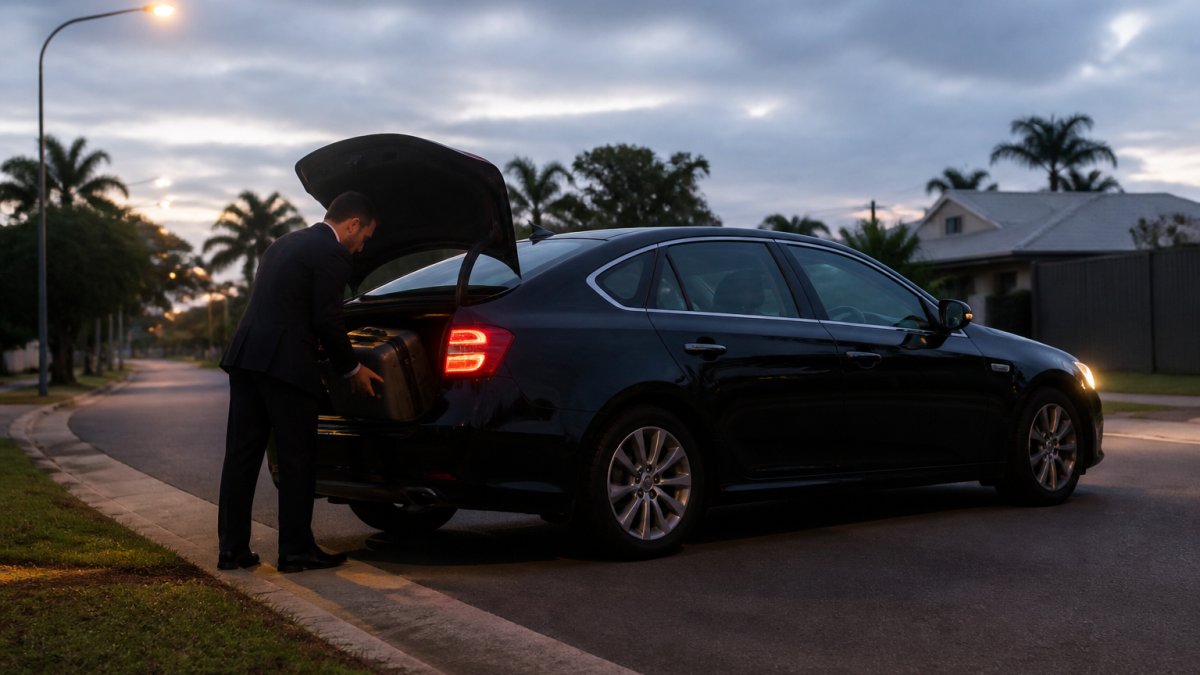 A chauffeur in a dark suit loading a suitcase into the boot of a clean sedan on a quiet suburban street before sunrise, headlights on and streetlights still glowing