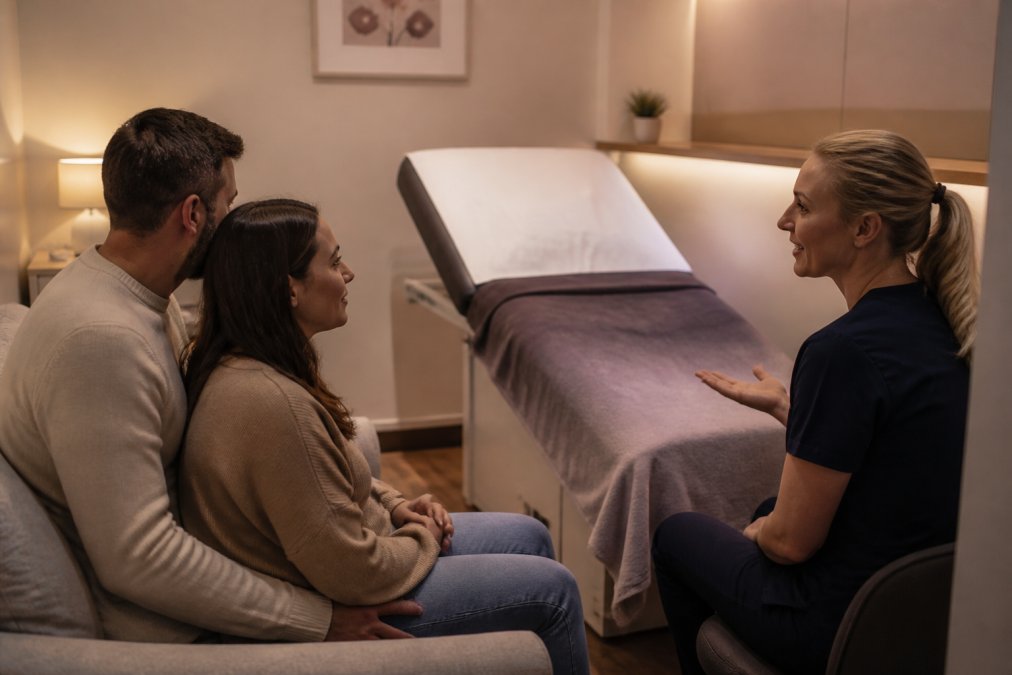 A calm, supportive private ultrasound clinic room with a comfortable examination bed, soft ambient lighting, and a sonographer's screen visible in the background, creating a reassuring environment for expectant parents