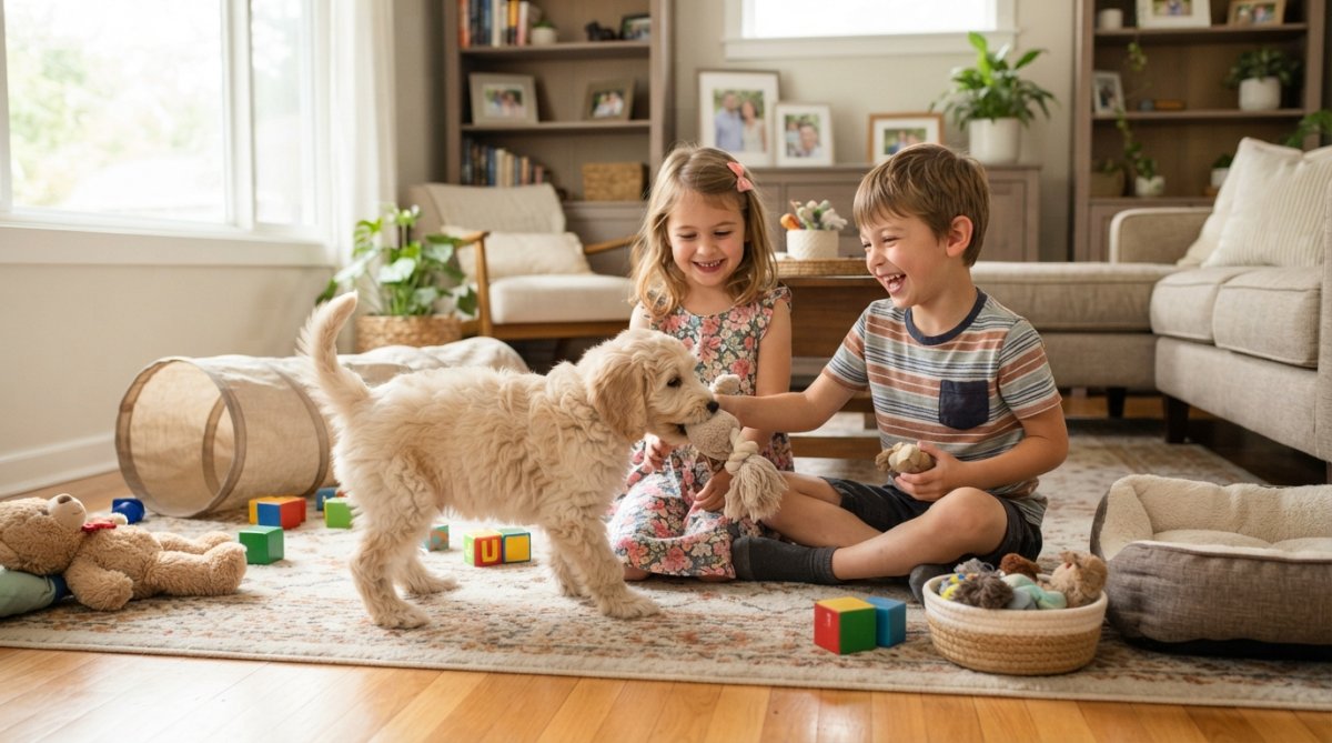 Young Goldendoodle puppy playing gently with children in a bright, safe living room with toys scattered on the floor