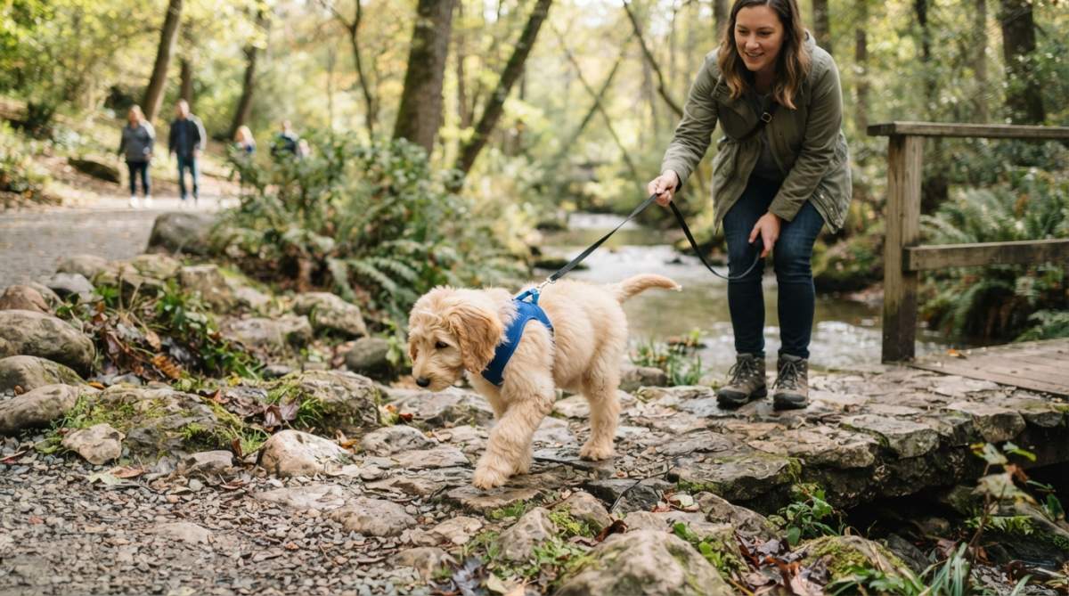 Puppy on a leash exploring new outdoor environment with handler nearby, showing calm curiosity toward different surfaces and sounds