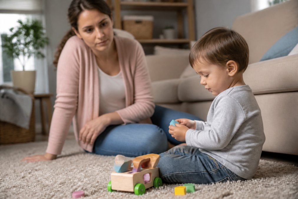 Toddler sitting on floor with parent nearby, showing limited eye contact while focused intently on a toy rather than engaging in back-and-forth interaction