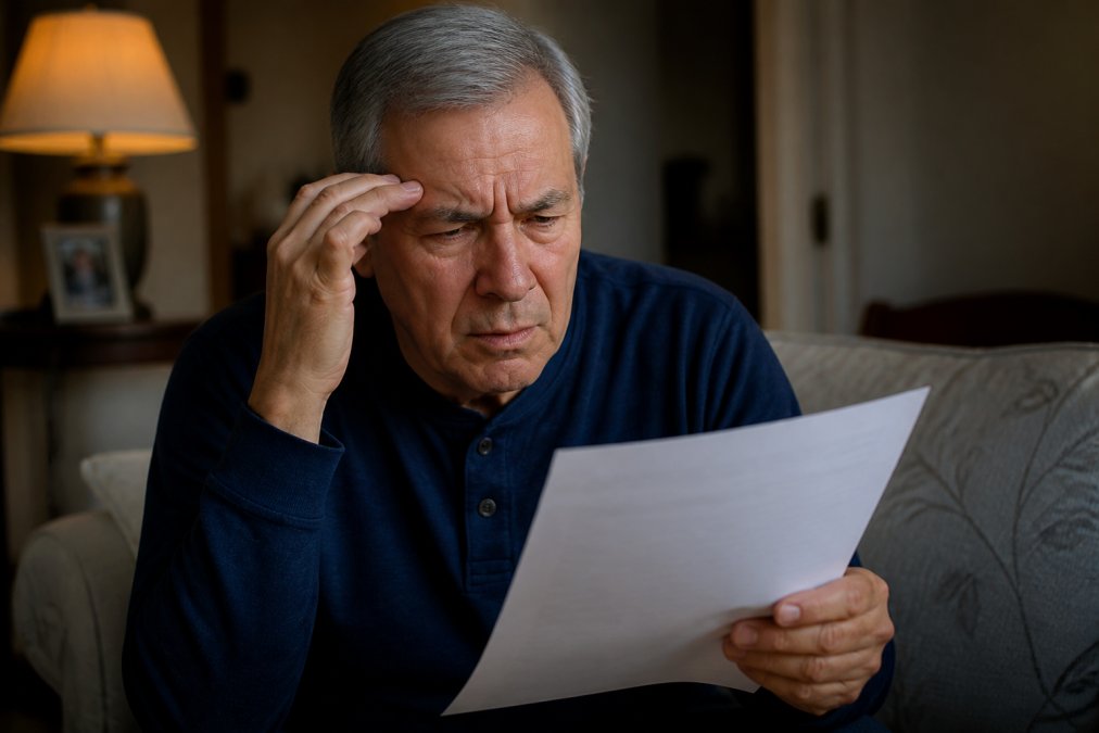 Older adult squinting while reading a document in dim lighting, with visible eye strain and slight facial tension