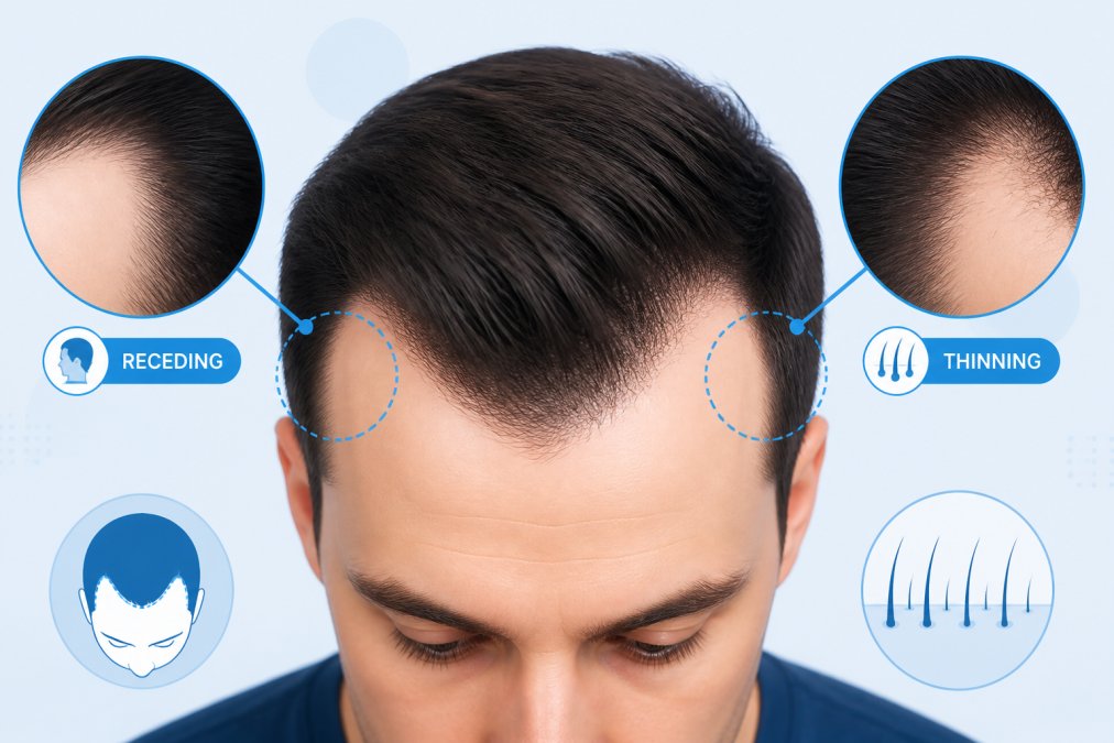 Close-up of a man's hairline showing early recession and subtle thinning at the temples, natural light from above revealing slight scalp visibility through fine hairs
