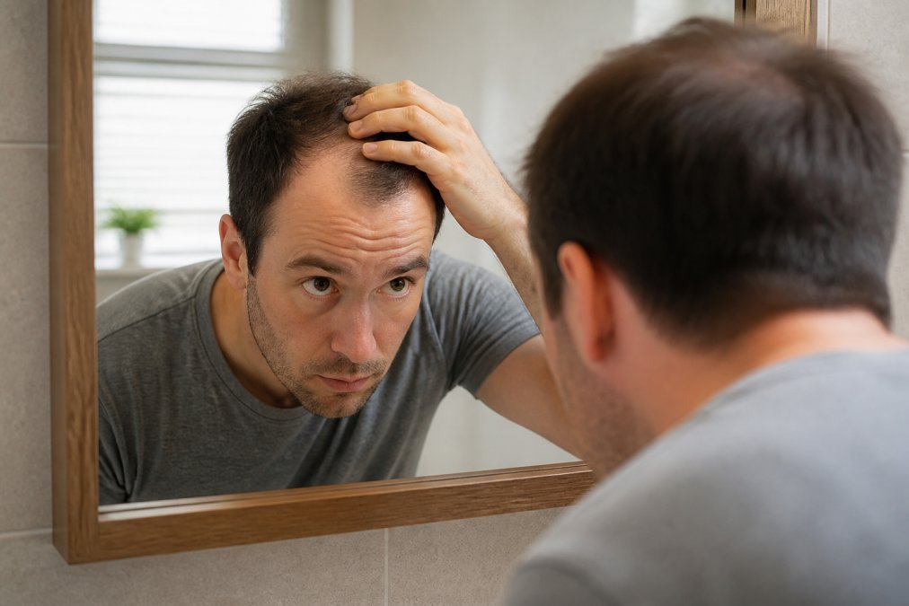 Man examining his hairline and crown in a bathroom mirror with natural window light, using his hand to part his hair and assess thinning areas