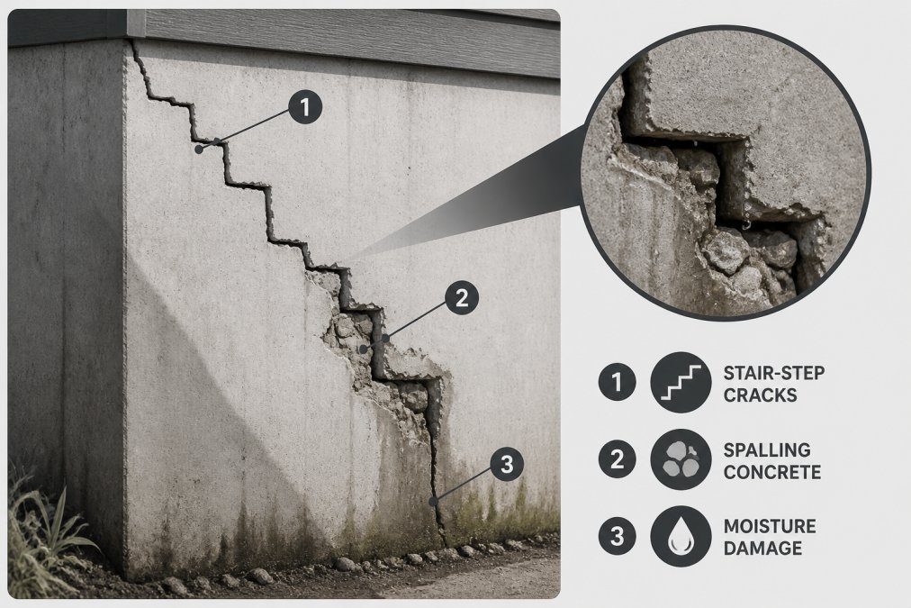 Close-up of a concrete foundation wall showing stair-step pattern cracks with visible spalling concrete and moisture damage along the crack edges in natural daylight