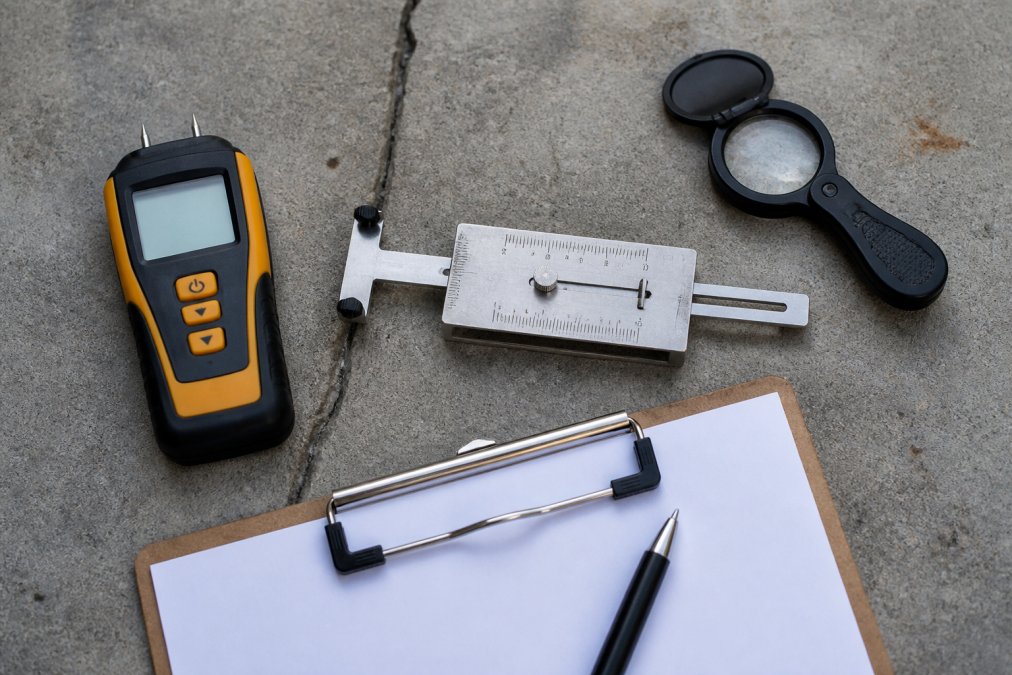 Licensed building inspector using a handheld moisture meter and crack gauge on a residential balcony's concrete surface with a clipboard for documentation