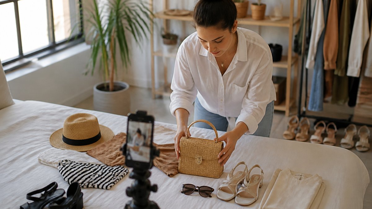Fashion content creator photographing styled clothing and accessories for social media using smartphone on tripod, with natural window lighting, flat-lay product arrangement, and organized workspace
