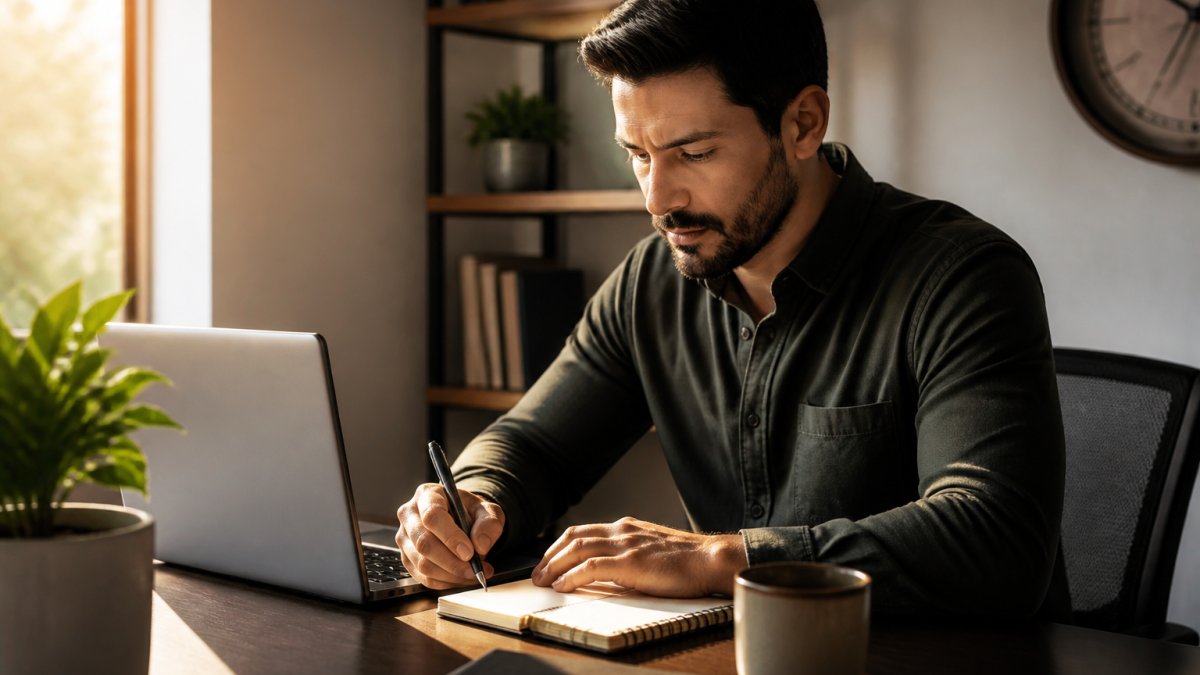 Focused person working on a laptop to earn six figures working two hours in a sunlit home office setting.