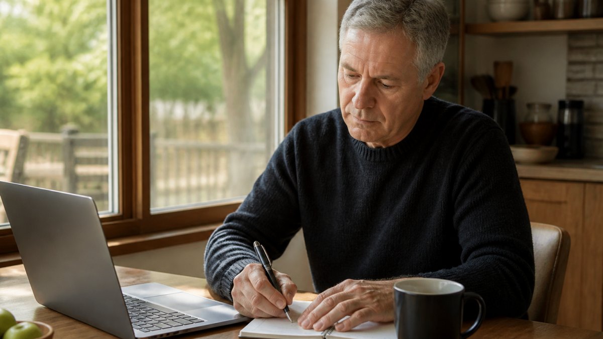 A retiree in their late fifties working at a tidy kitchen table with a laptop, notebook, and cup of coffee, morning light through the window, calm and focused expression