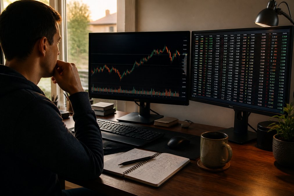 Trader analyzing candlestick charts and options chains to track the earning whisper nvda market sentiment.