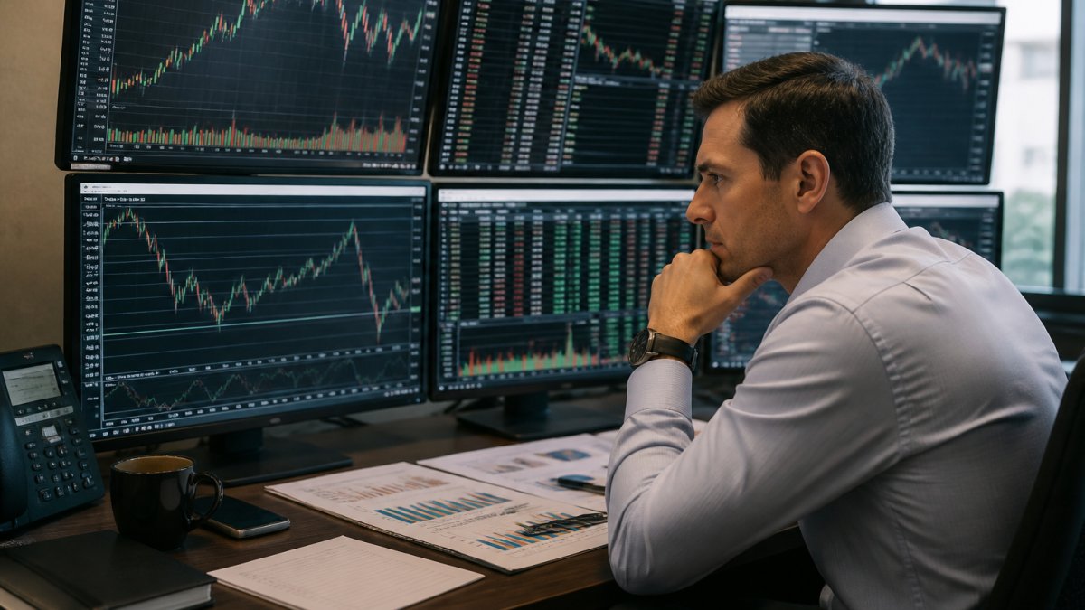 Trader at a desk analyzing an earnings profile tracking trade alerts on multiple financial market monitors
