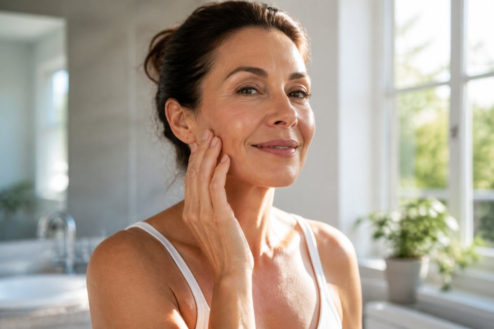 Close-up of a woman with glowing skin gently touching her cheek, natural light streaming through a bright bathroom window, soft morning ambiance