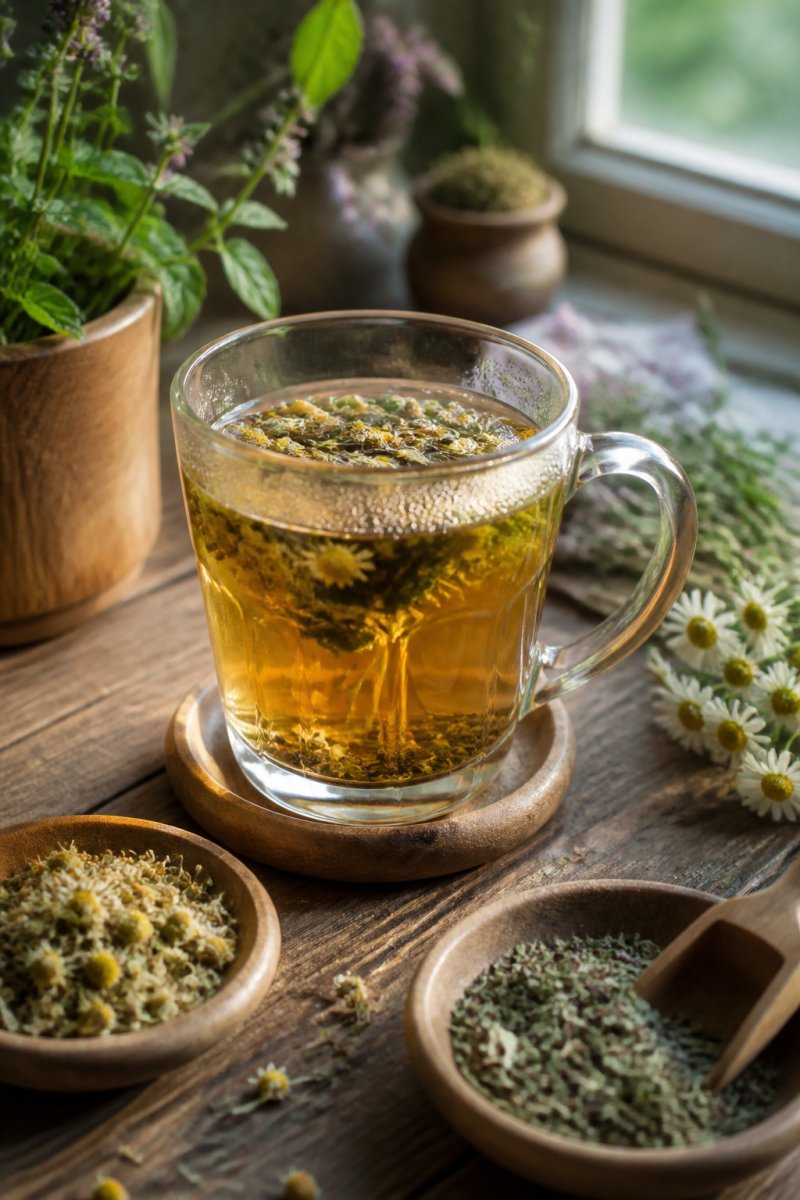 Close-up of organic herbal tea being steeped in a clear glass cup with fresh herbs and botanical ingredients scattered nearby on a wooden table with natural morning light