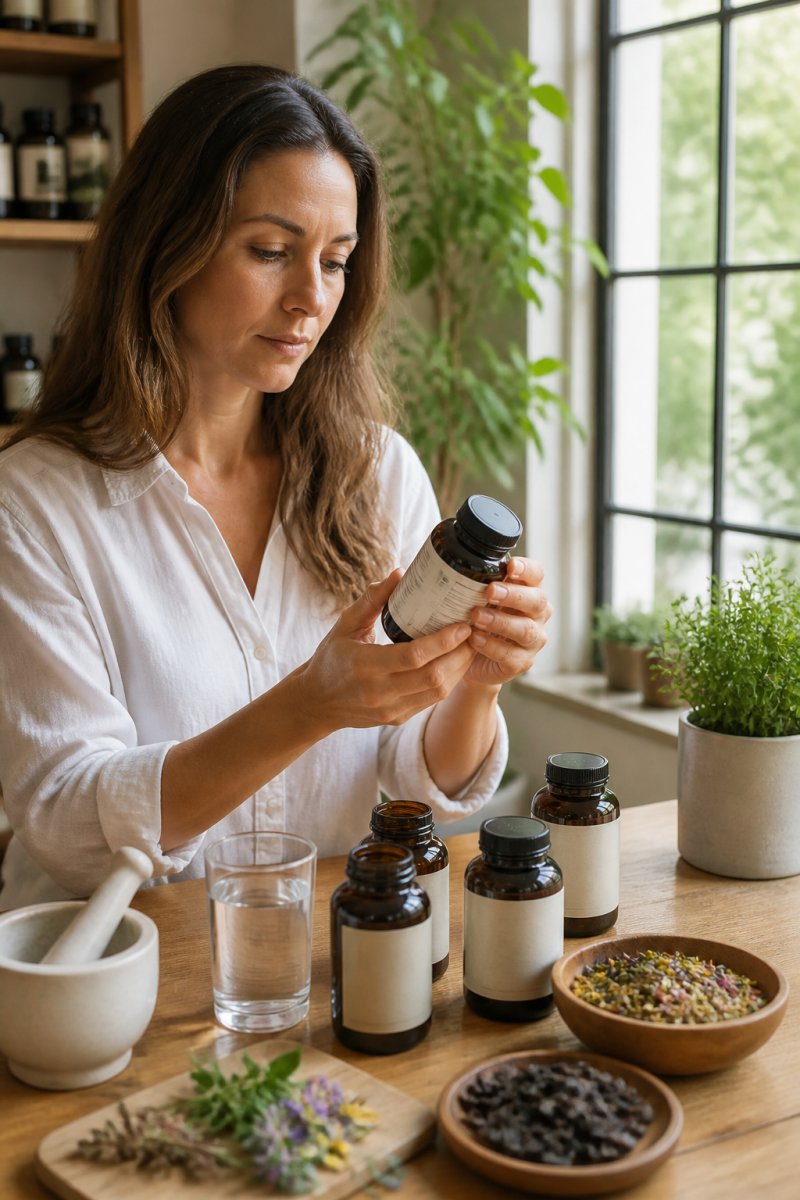 Person carefully reading product labels and ingredient lists on supplement bottles in a bright, clean wellness space with natural morning light streaming through windows
