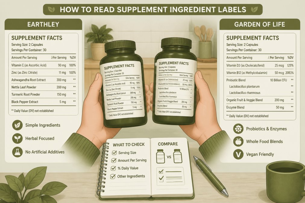 Close-up of a person's hands holding two supplement bottles side by side, comparing the ingredient labels in a bright kitchen, with a notebook and pen nearby for notes
