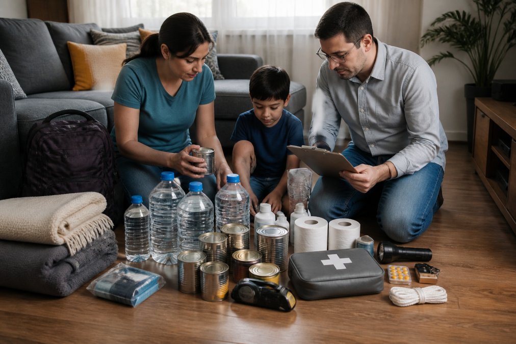 Family organizing water, food, and supplies for an earthquake emergency kit on their living room floor
