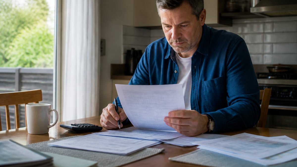 A homeowner reviewing insurance paperwork at a kitchen table with a calculator and a coffee mug, natural light from a window, focused expression