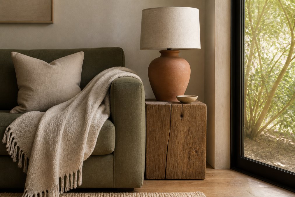 Diagram illustrating how to layer textures and earthy colors in a luxury living room interior design scheme.