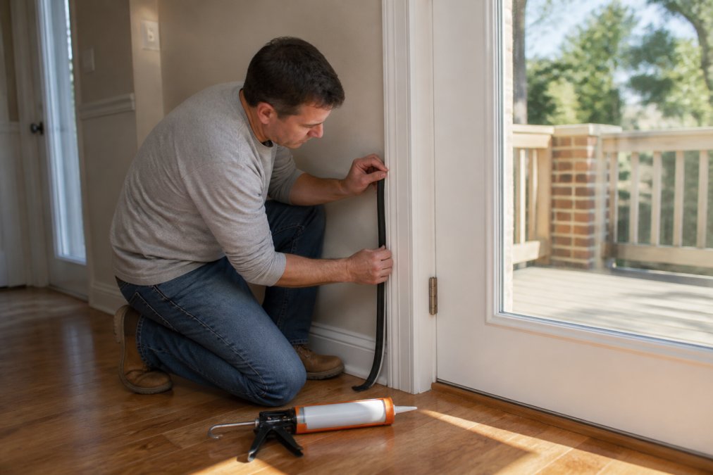 Homeowner applying weatherstripping to a door frame for ease of installation during a renovation project.