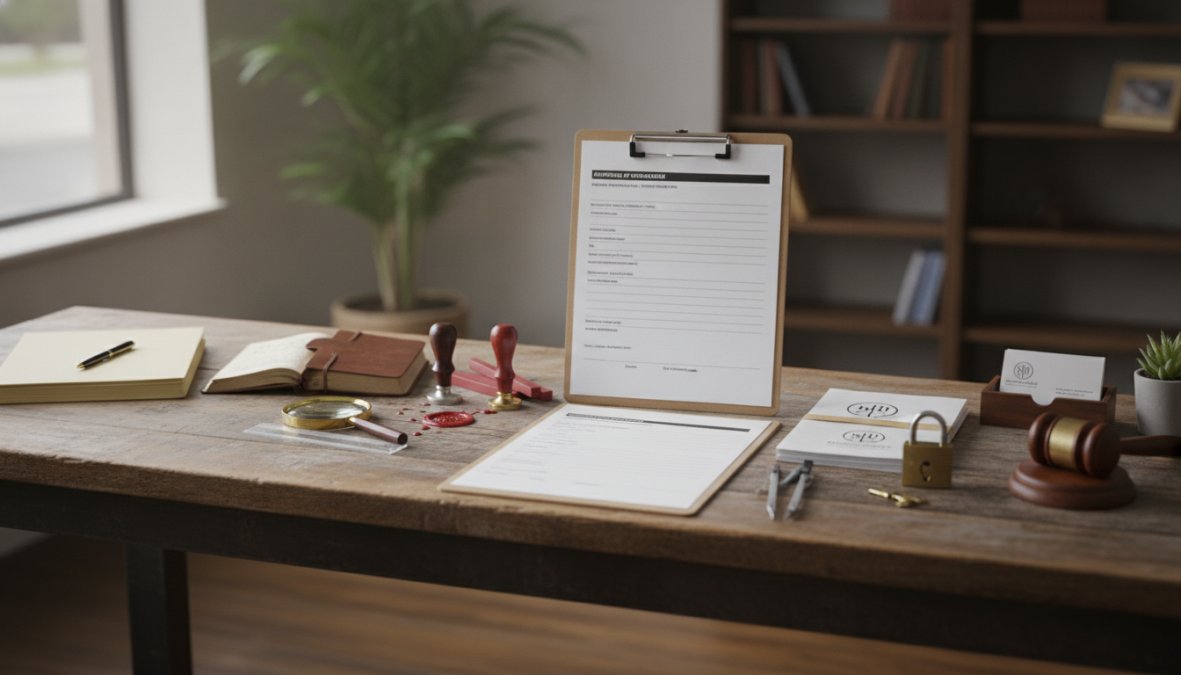 Entrepreneur at a wooden desk reviewing business formation documents and checklist with laptop, pen, and organized file folders in natural office lighting