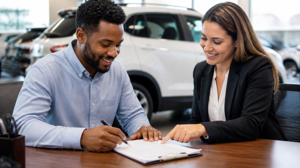 First-time car buyer sitting at a desk reviewing financing paperwork with a friendly loan officer, both smiling in a bright dealership office
