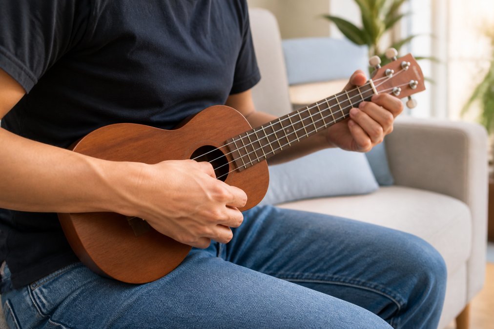 Hands holding a ukulele on a couch, illustrating why it is the easiest instrument to learn for beginners.
