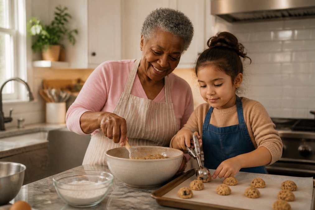 A grandmother and child mixing dough, one of the easiest things to bake, as they prepare cookies in a home kitchen.