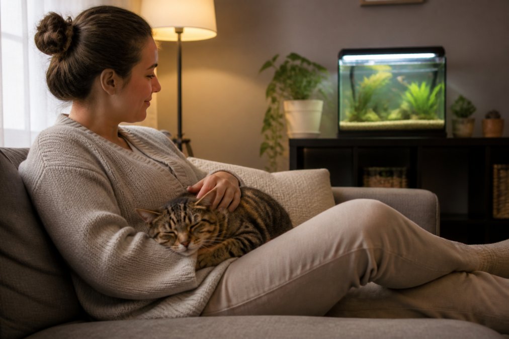 A person relaxing on a couch at home with a cat resting on their lap, a small aquarium visible on a nearby shelf with gentle lighting, showing a calm and peaceful pet ownership environment