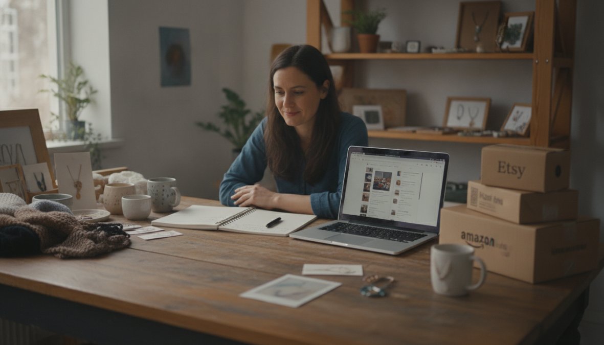 A maker sitting at a wooden craft table surrounded by handmade ceramic goods, browsing an e-commerce platform on a laptop, warm studio lighting with natural wood tones and soft shadows