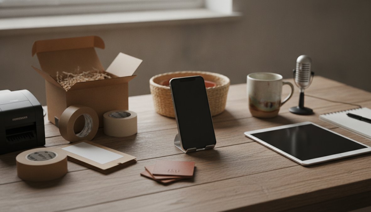 A small business owner photographing handmade ceramic goods arranged on a clean white marble surface with a smartphone on a tripod, natural window light casting soft shadows, packaging materials and kraft paper visible nearby