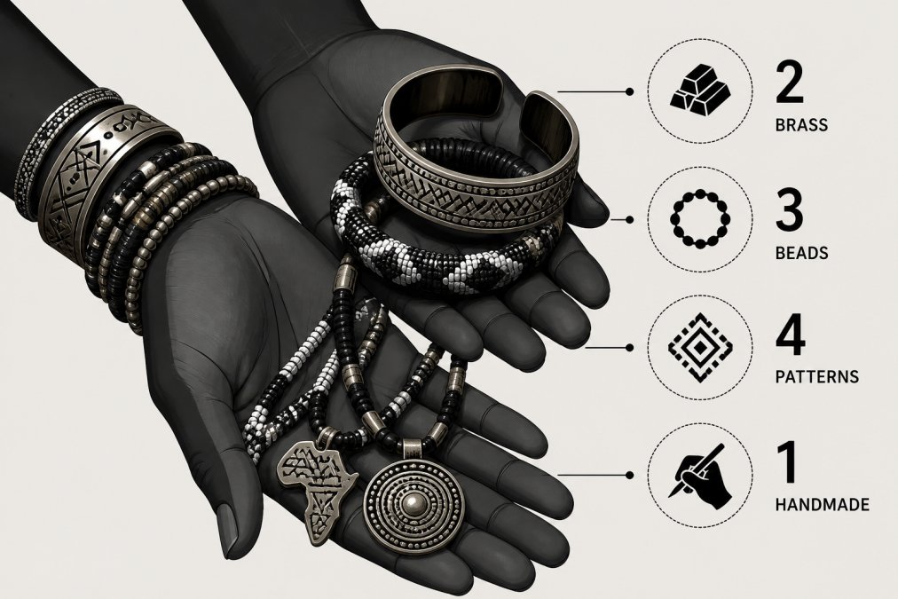 Close-up of hands displaying multiple handcrafted brass and beaded bracelets and necklaces with traditional African patterns, showing intricate detail and artisanship across various textures