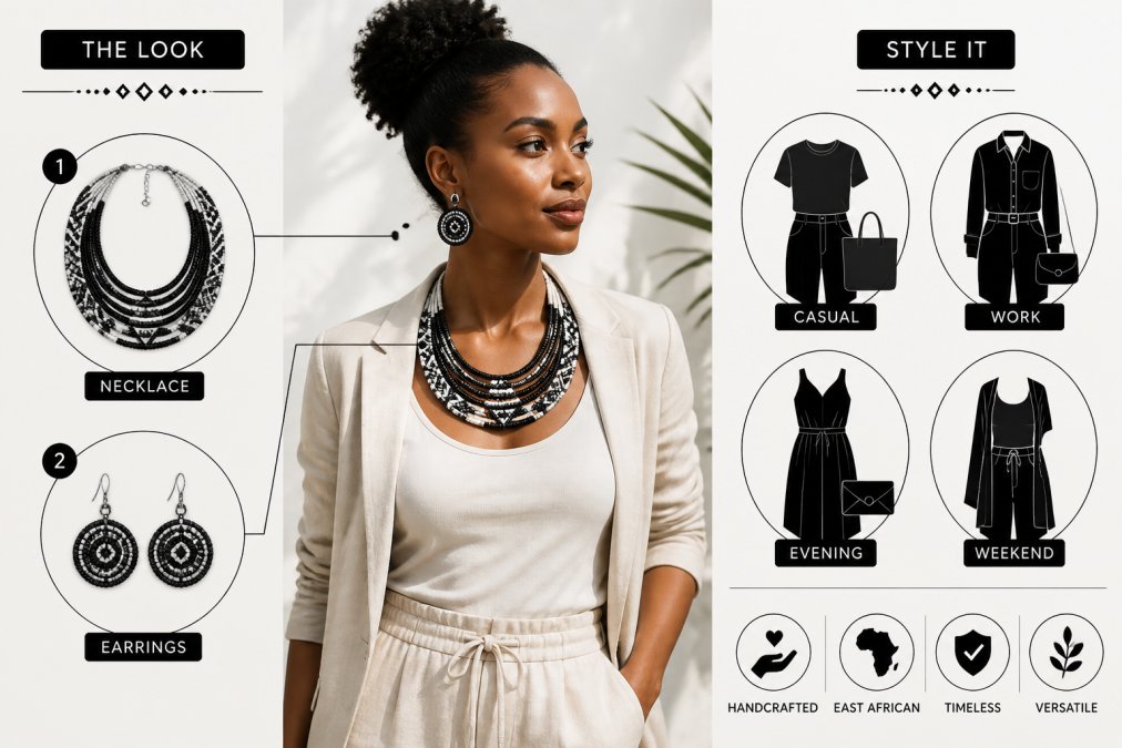 Person wearing statement East African necklace and matching earrings with a neutral modern outfit, photographed in natural light showing how pieces coordinate with everyday fashion