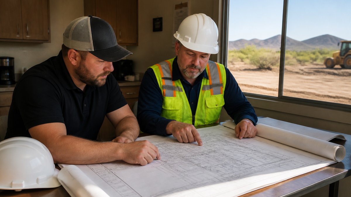 A construction site trailer office with a builder and a city inspector reviewing rolled-up construction plans on a table, hard hats nearby, desert landscaping visible through the window