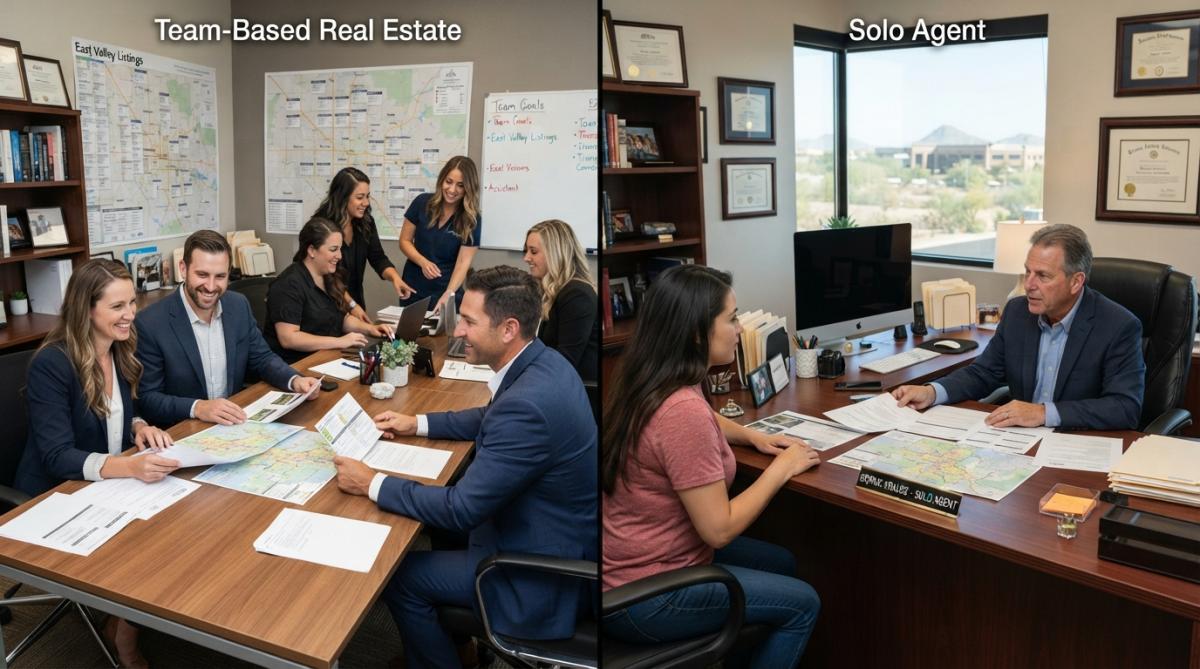 Real estate professionals meeting with a couple in a modern office setting, reviewing property documents and discussing home options with natural lighting