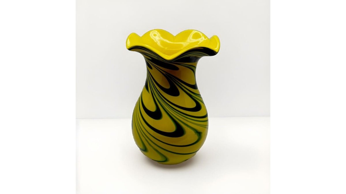 Eastern Retro Hand Blown Glass Vase Yellow W/Blue Green Swirl 8”