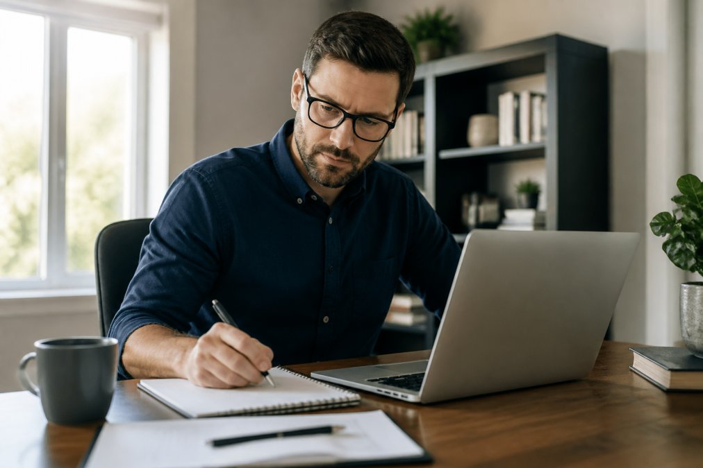 IT consultant reviewing online insurance quotes on a laptop while taking notes at a home office desk