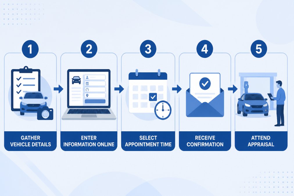 Flowchart showing the appraisal scheduling process: gather vehicle details → enter information online → select appointment time → receive confirmation → attend appraisal